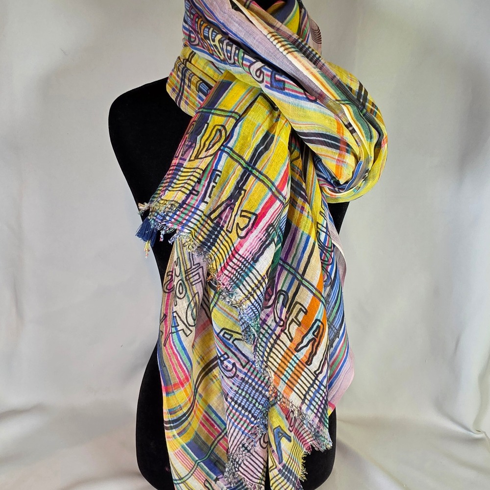 Vilagallo Paradise Found Multicolor Scarf Plaid Striped Tassel Wrap 42"x80"